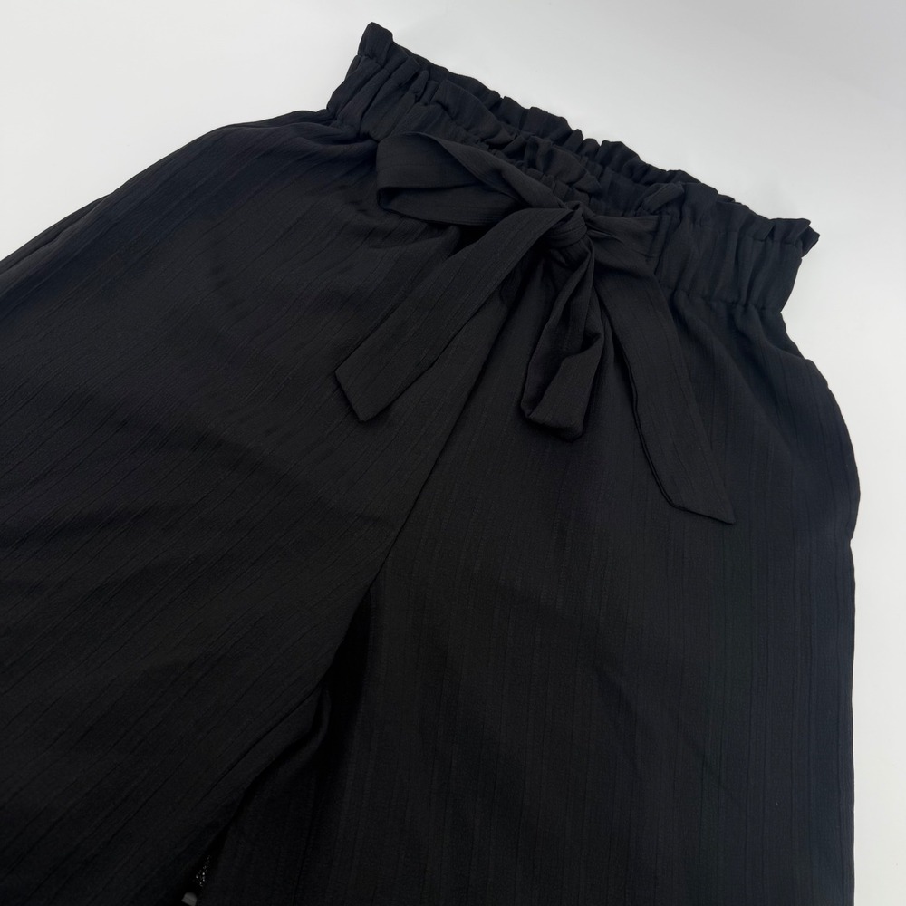 SHEIN Paperbag Waist Pants Women M Black Wide Leg Tie Waist Textured